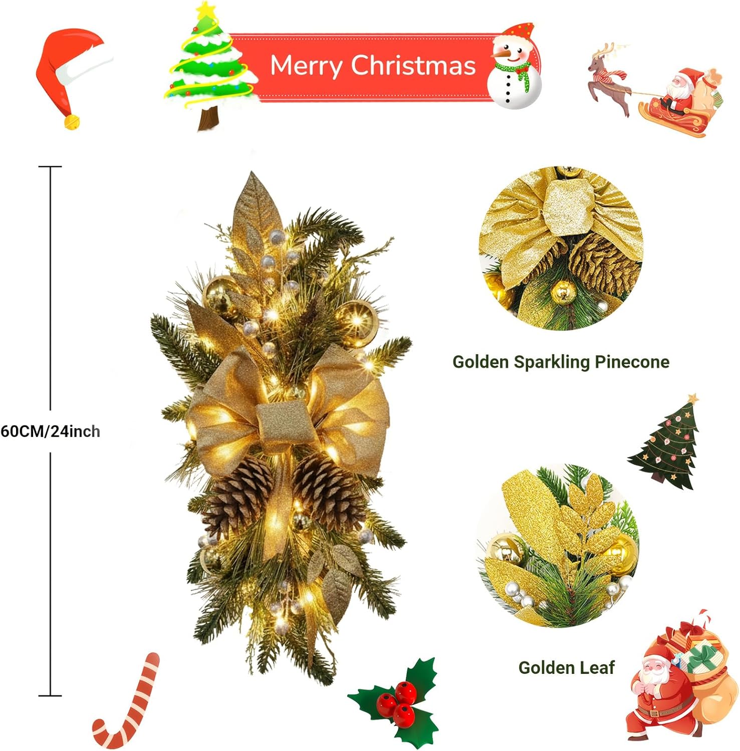 2025 Cordless Christmas Swags Artificial Stairs Christmas Garland with Prelit Teardrop Swag and 30 Lights Rustic Christmas Swag for Front Door Wall Window Stair Home Decor (Gold with Pinecone)
